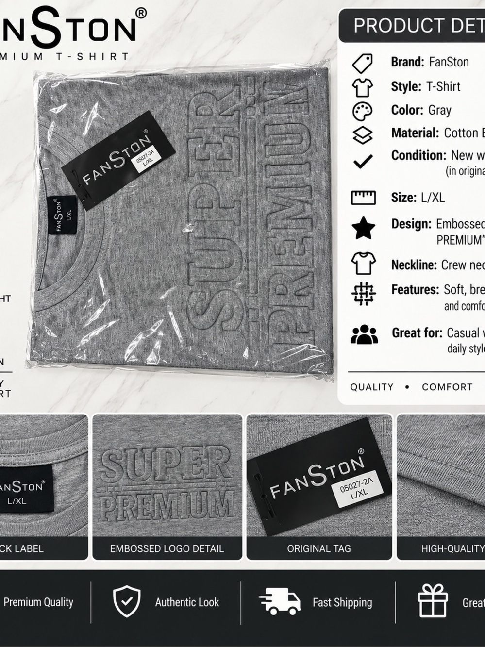 Gray Embossed 'Super Premium' Crewneck Sweater